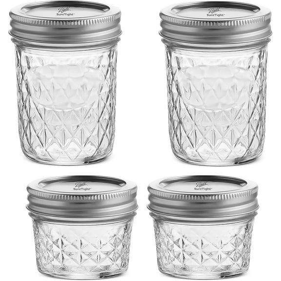 Quilted Crystal Jelly Regular Mouth Mason Jars - (4 Pack) - 2 - Ball 8-Ounce and 2 - Ball 4-Ounce Quilted Crystal Jelly