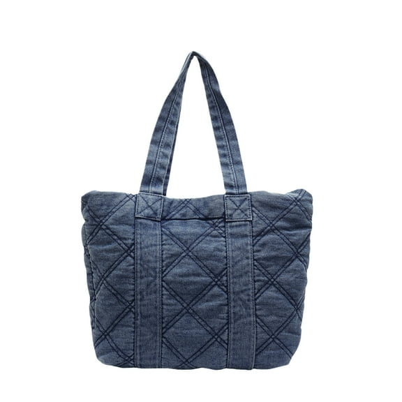 Quilted Denim Tote Bag for Women - Large Capacity Checkered Hobo Shoulder Bag with Zipper, Y2k Casual Top Handle Bag