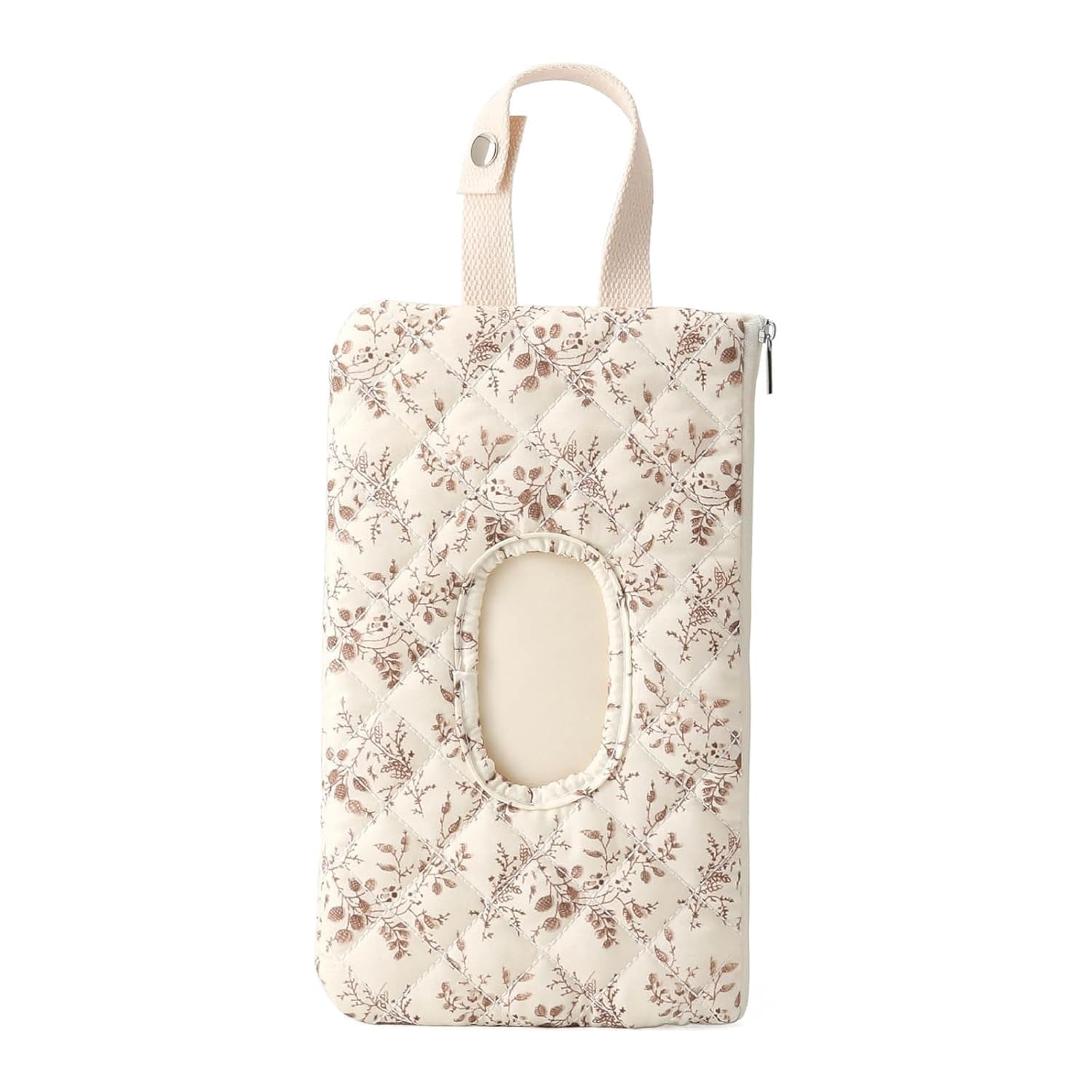 Quilted Diaper Wipes Pouch Reusable Zipper Lanyard Hanging Case for Travel Car StrollerBeige