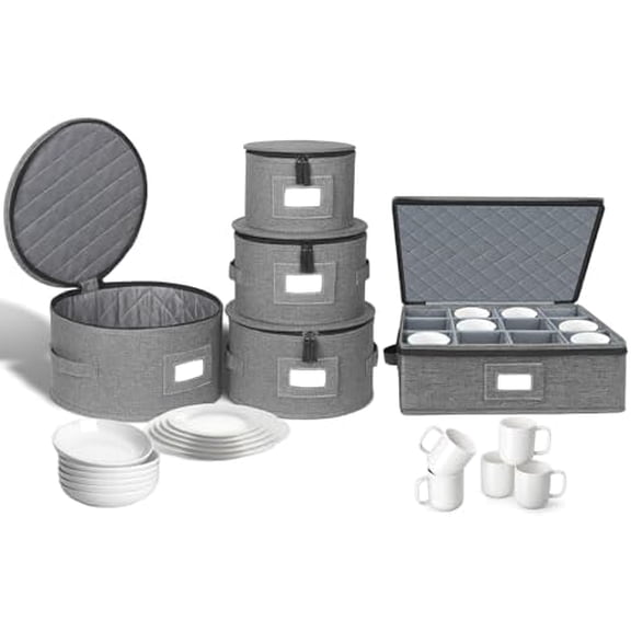 Quilted Dish Moving Boxes with Dividers, 5-Piece Set for Packing Plates, Wine Glasses & Fine China, Padded Storage Containers for Secure Moving & Organization$$Home Decor, Kitchen, & Other