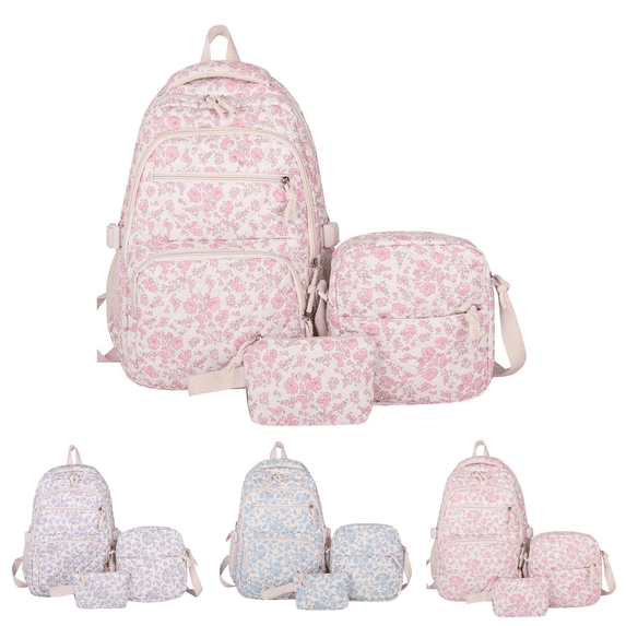 Quilted Ditsy Floral Backpack Set 3 Piece Back to School Laptop Daypack for Women, Multi Pocket Casual College Backpack with Matching Crossbody Bag & Cosmetic Storage Pouch