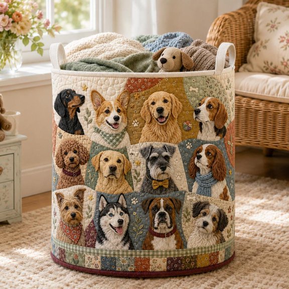 Quilted Dog Breeds Storage Basket, Patchwork Puppy Laundry Bin