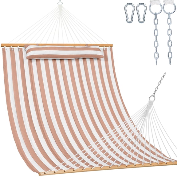 Quilted Double Hammock Beige White Stripes 2-Person Outdoor Patio Poolside Yard Beach Use