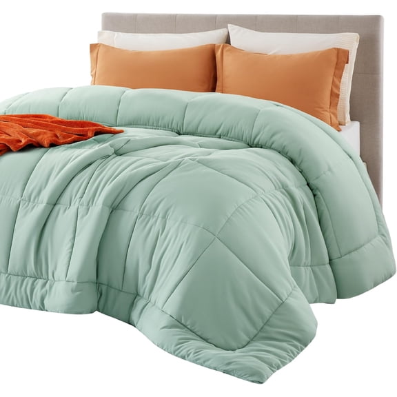 Quilted Down Alternative Comforter Queen Size Sage Green 88 x 88 Inches All Season