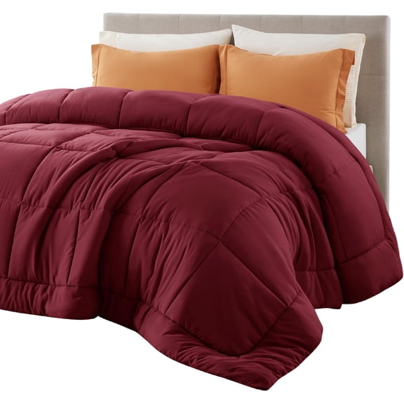 Quilted Down Alternative Comforter Queen Size with 8 Corner Tabs Dark Red 88 x 88 Inches