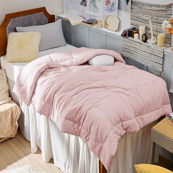 Quilted Down Alternative Comforter Twin XL Size All Season with 8 Corner Tabs Pink 92 x 68 Inches