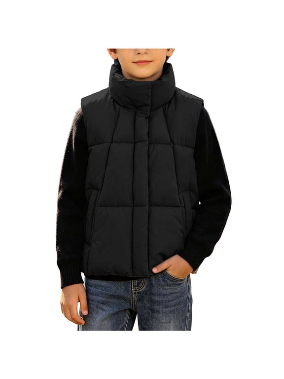 Quilted Down Vest Boys Stand Collar Zip-Up Puffer Jackets with Pocket Sleeveless Outdoor Fall Coats Black, Size 3 Y