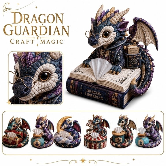 Quilted Dragon Guardian Diy Tissue Box Sewing Kit, Reading Nook Decor, Office Shelf Decor, Cute Office Decor, Decorative Boxes for Home Decor, 8X10 Inch Material Set to Craft