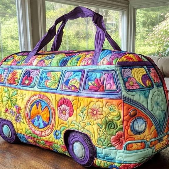 Quilted Duffle Bag, Hippie Van Quilted Duffle Bag, Womens Overnight Bag, Cute Design for Weekend Getaways