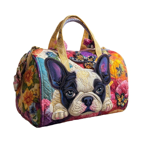 Quilted Duffle Bag with Dog Print for Women, Large Travel Tote Bag with Zipper, Vintage Weekender Overnight Bag for Gym, Travel and Vacation(F)