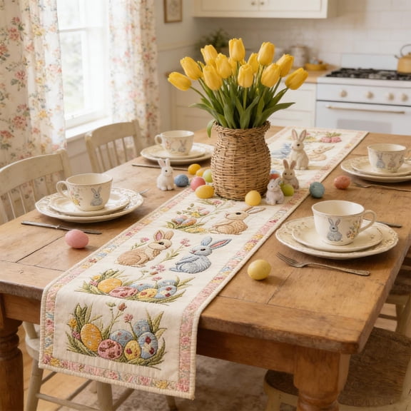 Quilted Easter Bunny Table Runner – Reversible Cotton Table Linen with Soft Batting, Non-Slip Spring Decor for Dining Room, Console & Holiday Parties, 14x108 Inches,C