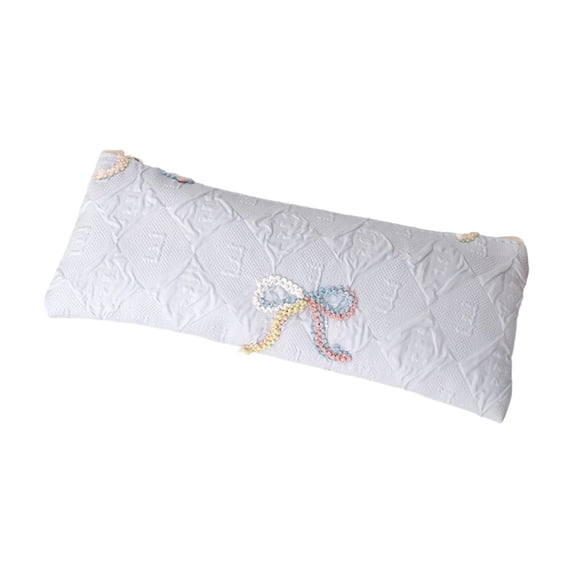 Quilted Embossed Bow Embroidered Pencil Pouch, Soft Pastel Decorative Pencil Case for Office Desk Artist Travel Makeup Brush Storage, 8.27 Inch