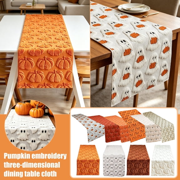 Quilted Embroidered 3D Pumpkin Halloween Table Cover, Halloween Table Decor, Table Decorations for Party, Halloween Pumpkin Decor, 108X13 Inch Washable Rectangular Table Runner,