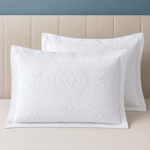 Quilted Embroidered Standardow Shams Whiteton Fldecorative Sham Set Of 2 (20''x 26'' Damask White)