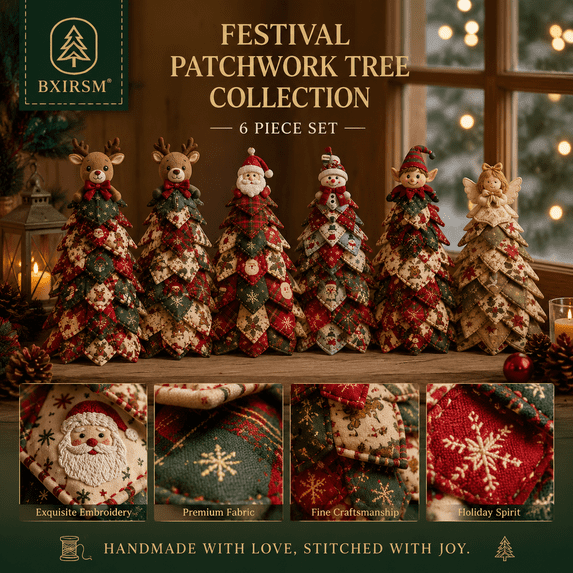 Quilted Fabric Christmas Tree Decoration, Patchwork Tabletop Xmas Tree with Character Topper, Light-Up & Non-Lit Holiday Centerpiece for Mantel