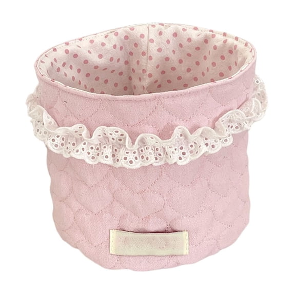 Quilted Fabric Desktop Organizer Basket, Light Blue Decorative Storage with Lace Trim & Polka Dot Interior, Korean Style Office Desk Tray for Makeup, Stationery, Jewelry (5.5x5.9in)
