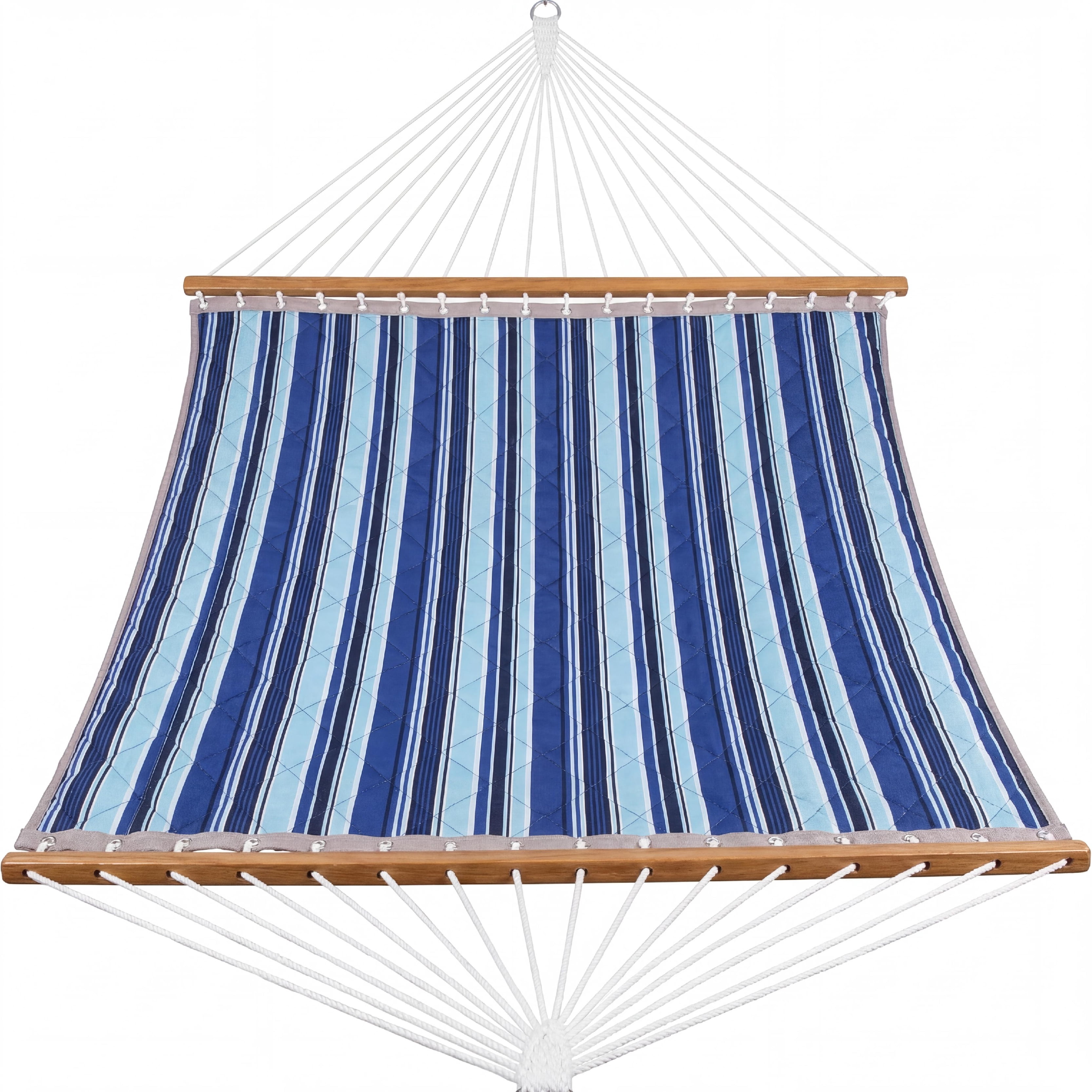 Quilted Fabric Hammock for 2 Person with Spreader Bar & Detachable Pillow, 450Lbs Capacity, Indoor Outdoor Hammocks for Patio Backyard Poolside Garden, Blue Striped