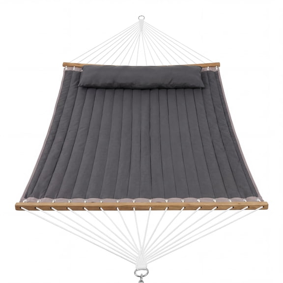 Quilted Fabric Hammock for 2 Person with Spreader Bar & Detachable Pillow, 450Lbs Capacity, Indoor Outdoor Hammocks for Patio Backyard Poolside Garden, Dark Gray