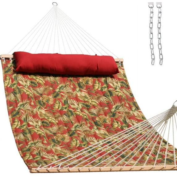 Quilted Fabric Hammock with Spreader Bar, 2-Person Double Hammock for Outside Patio Poolside Backyard Beach, 450 lbs Capacity, Red Leaf
