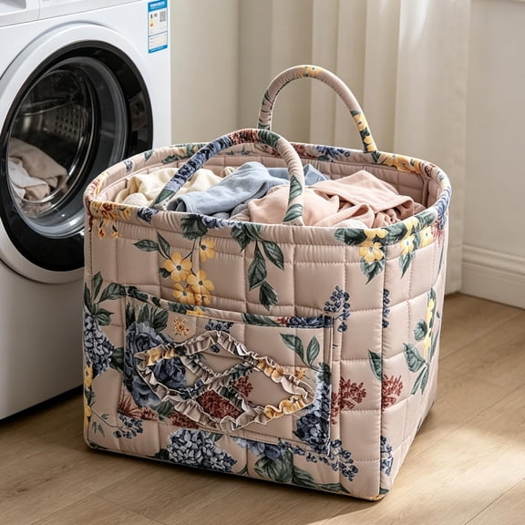 Quilted Fabric Storage Basket Boho Floral Laundry Baskets with Handles Collapsible Quilted Soft Basket for Car, Clothes, Toys Storage