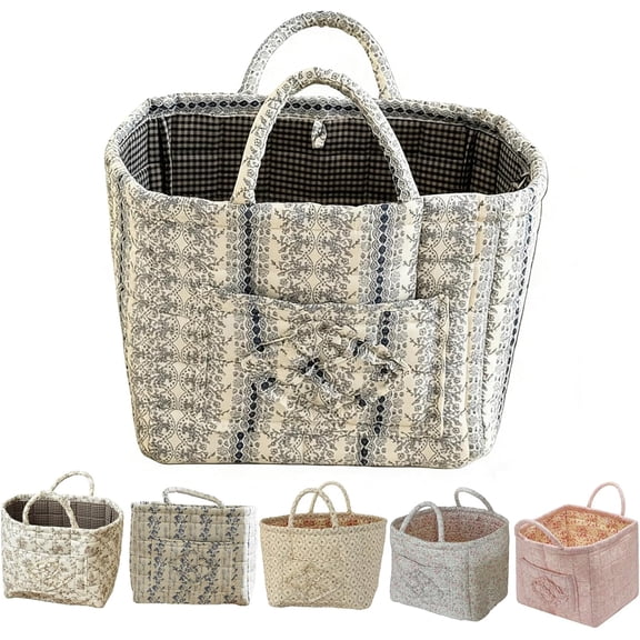 Quilted Fabric Storage Basket Boho Floral Laundry Baskets with Handles Collapsible Quilted Soft Basket for Car, Clothes, Toys Storage