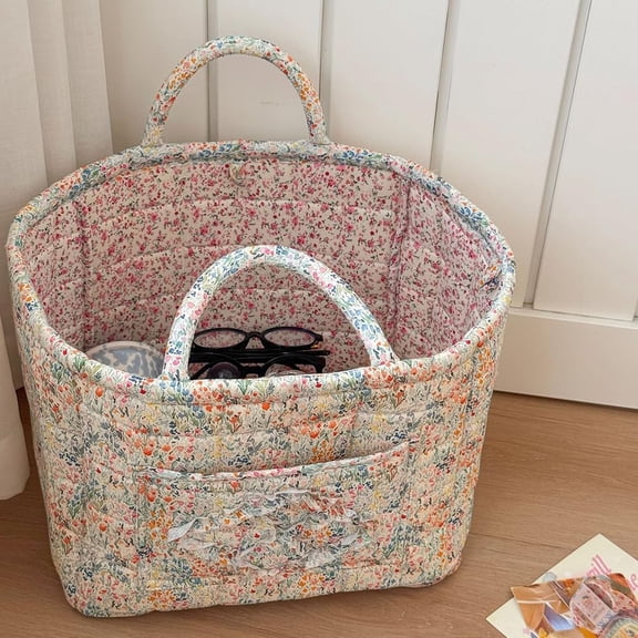 Quilted Fabric Storage Basket Boho Floral Laundry with Handles Collapsible Quilted Soft Basket for Car, Clothes, Toys Storage