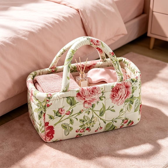 Quilted Fabric Storage Basket,Boho Floral Print Quilted Laundry Baskets with Handles,Collapsible Quilt Soft Car Storage Basket for Snack, Clothes, Toys,Portable Orgnize Baskets