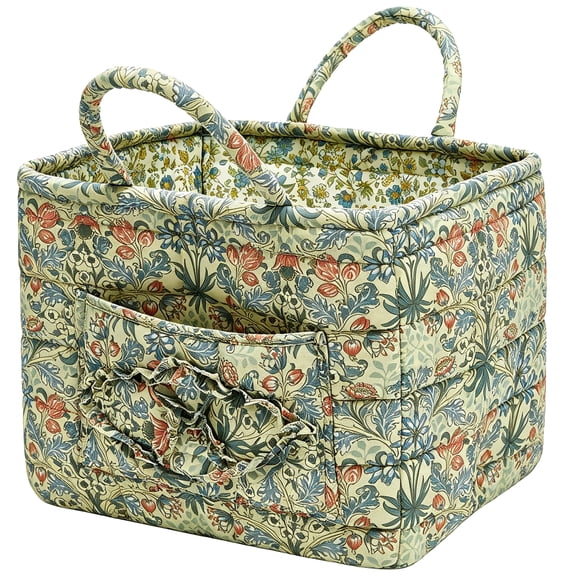 Quilted Fabric Storage Basket with Handles, 12.6 x 10.6 x 10.2 Inch Boho Floral Organizer Bin, Foldable Cotton Blend Basket