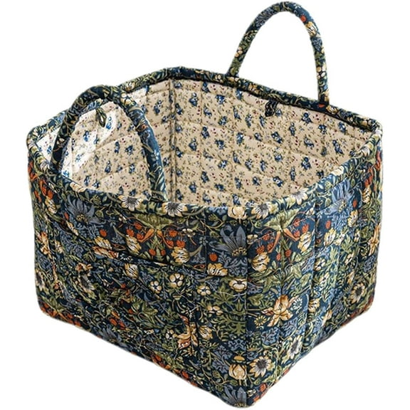 Quilted Fabric Storage Basket with Handles  Boho Foldable Floral Organizer Bin for Home, Picnic, Shopping, Travel 13"x11"x10" (Olive Floral)