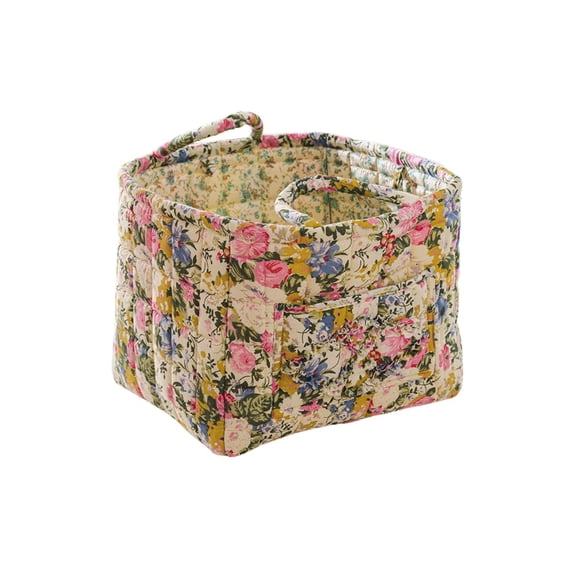 Quilted Fabric Storage Basket with Handles Boho Foldable Floral Organizer Bin for Home, Picnic, Shopping, Travel 13"x11"x10"