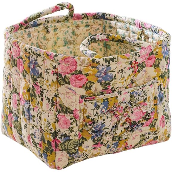 Quilted Fabric Storage Basket with Handles - Boho Foldable Floral Organizer Bin for , Picnic, Shopping, Travel 13"x11"x10" (Blush Bloom)