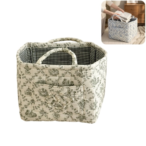 Quilted Fabric Storage Basket with Handles & Pocket, Foldable Laundry Hamper Boho Floral Print Organizer Bin for Home, Picnic, Office 12"x10"x10"