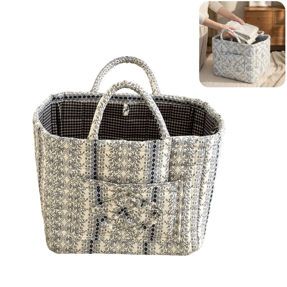 Quilted Fabric Storage Basket with Handles & Pocket, Foldable Laundry Hamper Boho Floral Print Organizer Bin for Home, Picnic, Office 12"x10"x10"