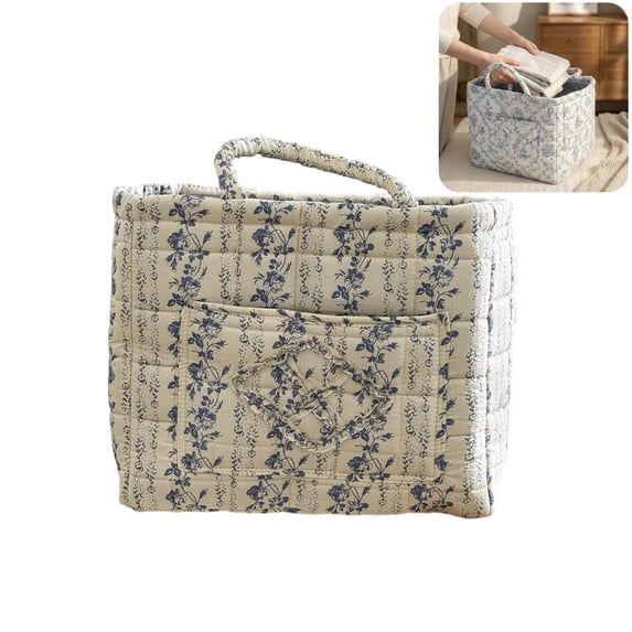 Quilted Fabric Storage Basket with Handles & Pocket, Foldable Laundry Hamper Boho Floral Print Organizer Bin for Home, Picnic, Office 12"x10"x10"