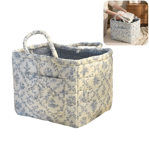 Quilted Fabric Storage Basket with Handles & Pocket, Foldable Laundry Hamper Boho Floral Print Organizer Bin for Home, Picnic, Office 12"x10"x10"