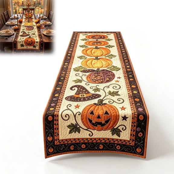Quilted Fall Table Runner 14 x 72 Inch, Autumn Spell Table Runner for Dining Table, Farmhouse Thanksgiving Halloween Holiday Decor (A)