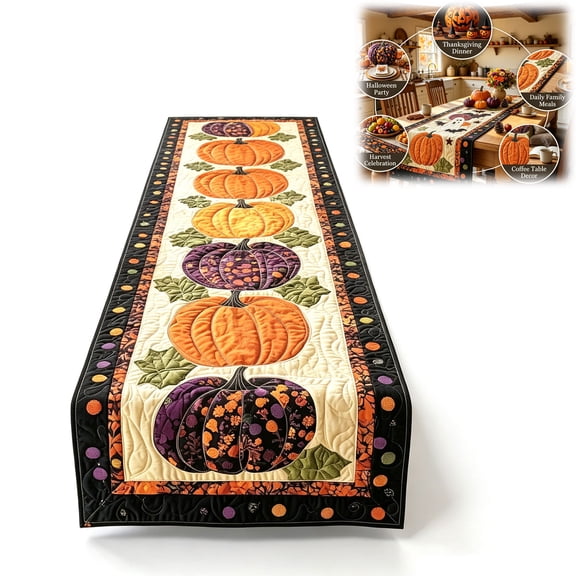 Quilted Fall Table Runner – Autumn Harvest Farmhouse Decor for Dining Table, Thanksgiving & Halloween Holiday Kitchen Decoration, Machine Washable