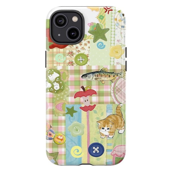 Quilted Farmhouse Collage Phone Case, Cat Fish Buttons Gingham Cover Fits 17 16 15 14 13 12 11