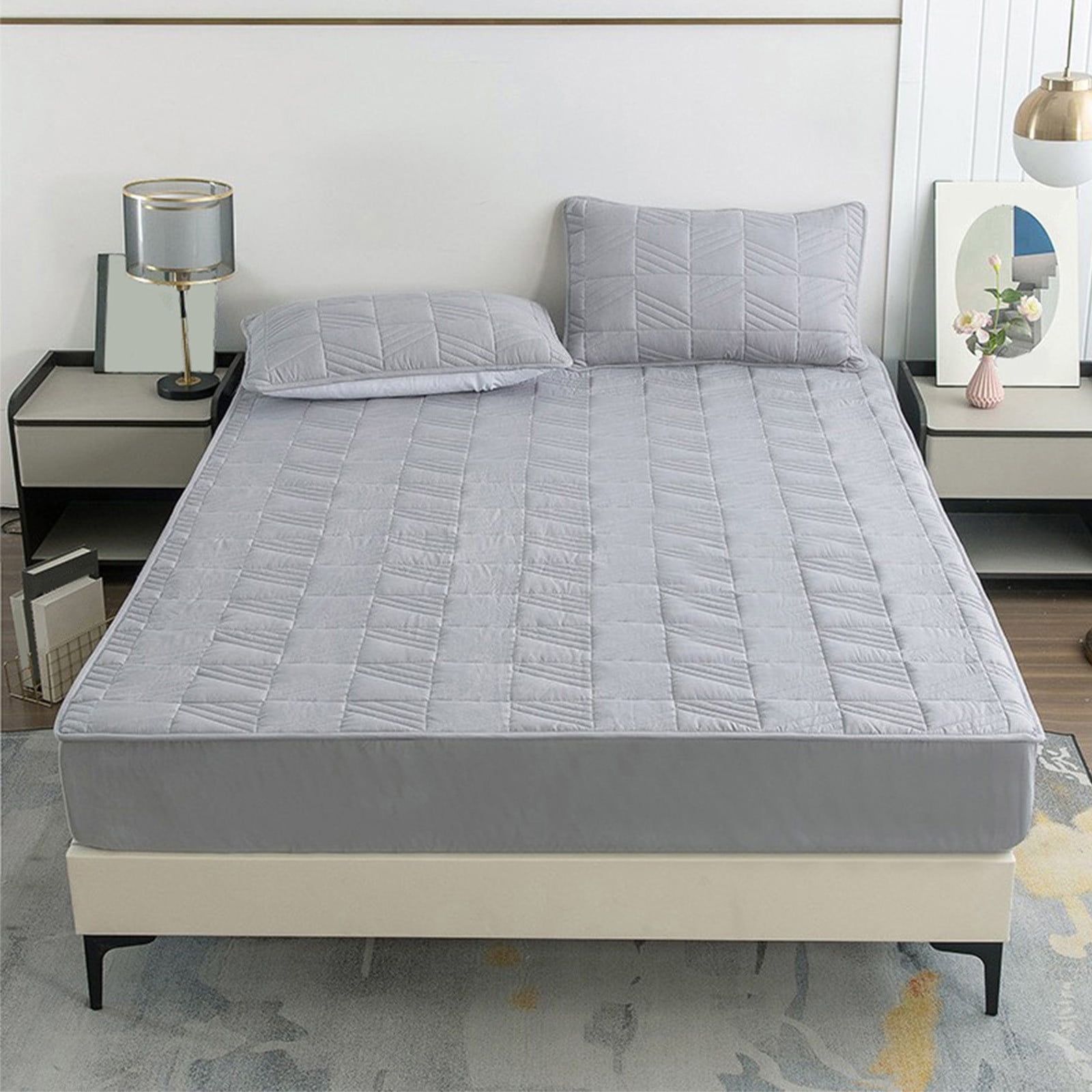 Quilted Fitted Sheet with Deep Pockets, Non-Slip Breathable Mattress Cover, Bed Sheet Set for Home, Hotel, Dorm, Queen Size, All Season, Easy Care, Wrinkle Resistant, Protector Pad(1 pc)