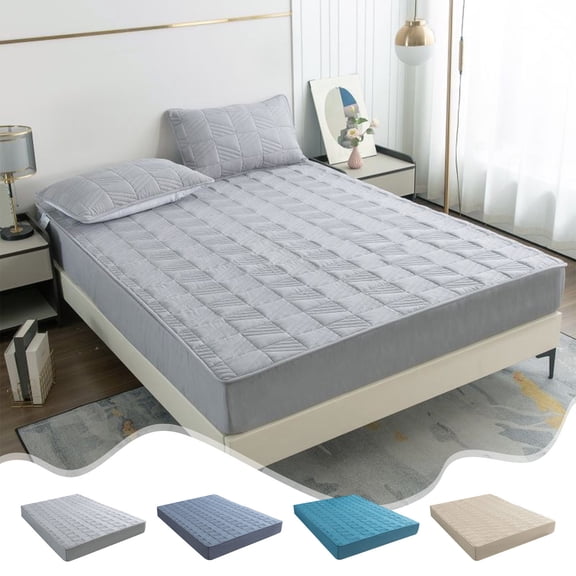 Quilted Fitted Sheet Polyester 200x150cm | Washed Cotton Solid Color | Non-Slip Thick Breathable Dirt-Proof Bed Cover | Soft Skin-Friendly Mattress Pad for Home