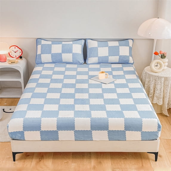 Quilted Fitted Sheet Winter Warm, Checkerboard Pattern Mattress Protector – Breathable Non-Slip Pocket Design, Soft Polyester Bed Cover for Care Bed, Home or Guest Room