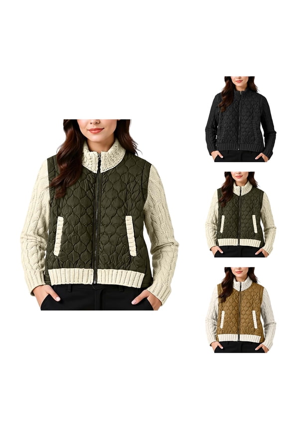 Quilted Fleece Lined Casual Jacket for Women 2025 Winter Long Sleeve Stand Collared Zip Up Cropped Coat Outerwear