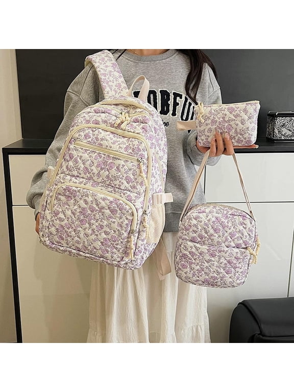 Purple Pink Floral Quilted Backpack Set, 3 in 1 Nylon Bag with Crossbody & Pouch, Lightweight Waterproof Travel Daypack, Large Capacity