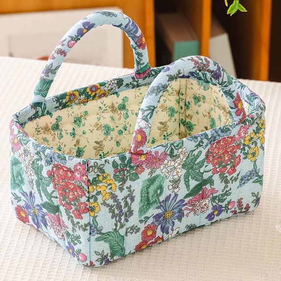 Quilted Floral Fabric Storage Basket, Decorative Organizer Bin with Handles, Vintage Print Basket for Home, Closet & Laundry