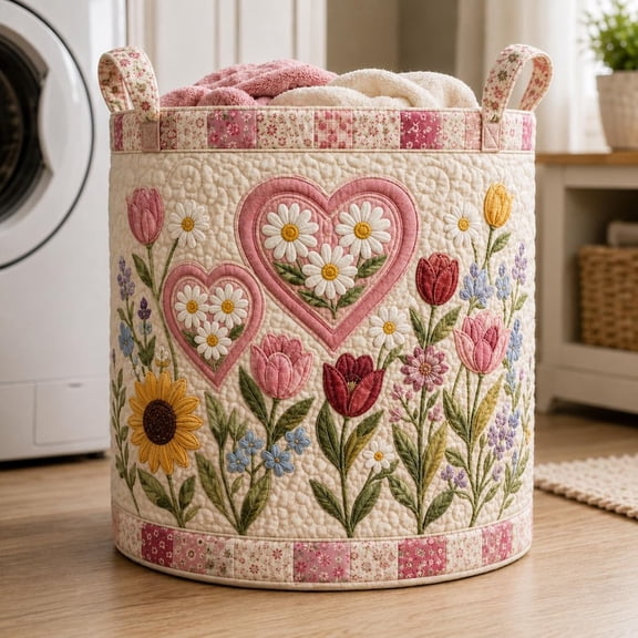 Quilted Floral Heart Laundry Basket, Pink Daisy Tulip Storage Bin, Nursery Decor