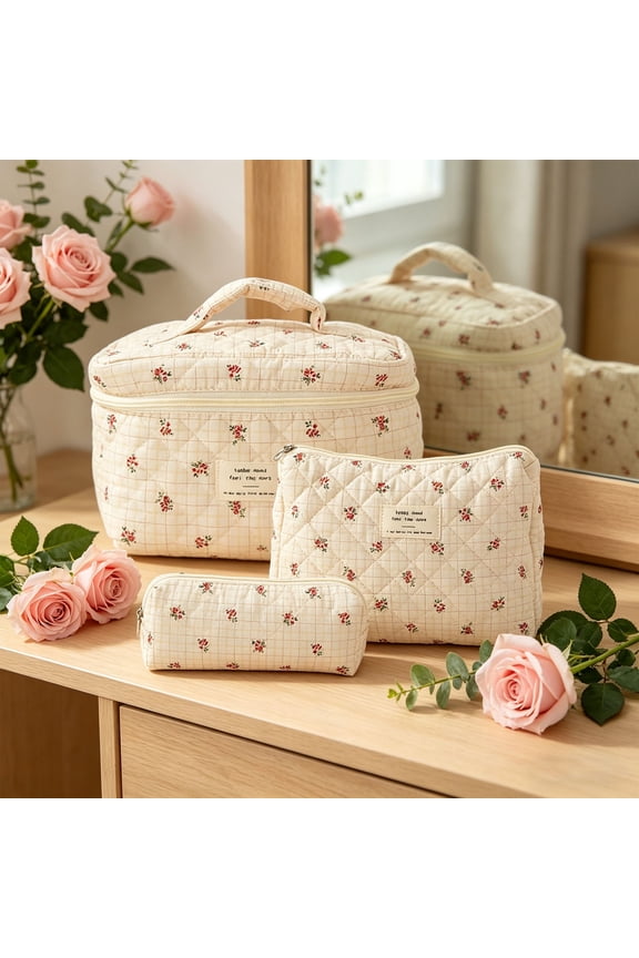 Quilted Floral Print Storage Bag Kit, Shockproof Partition Cosmetic Organizer with Secure Zipper for Full-Size Makeup & Jewelry Classification,(Large Medium Small Sizes 3Pcs)E