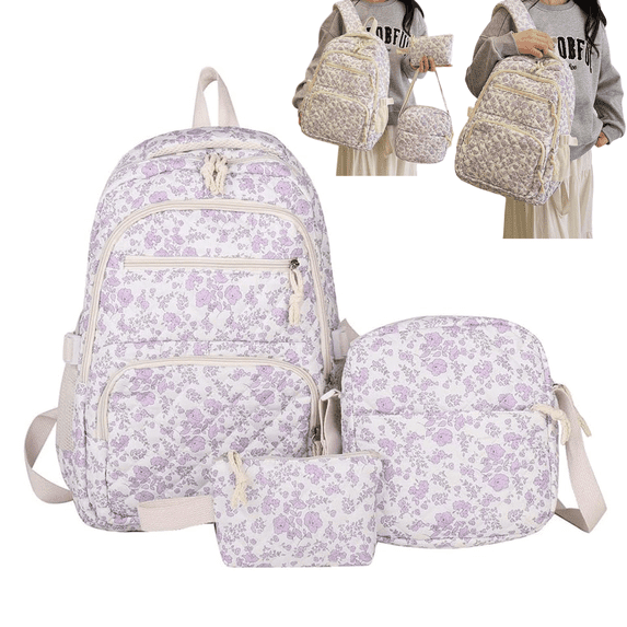 Quilted Floral Backpack Set School Backpack for Elementary Middle High School Fashion Student Bag Cute Aesthetic Teen Bookbag for Teens Women