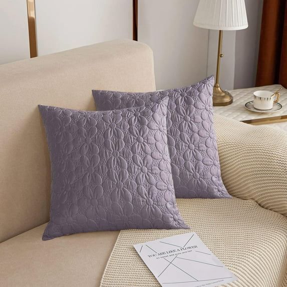 Quilted Floral Throw Pillow Covers 20 x 20 Inch (Set of 2, Grey)