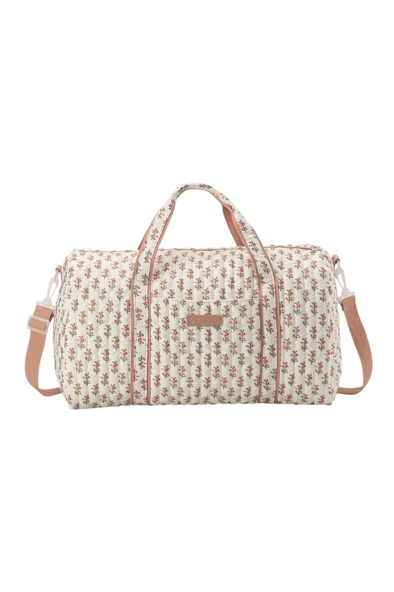Quilted Floral Travel Duffel Bag, Large Capacity Lightweight Boston Tote Bag for Overnight Getaways (Pink Trumpet Flower)