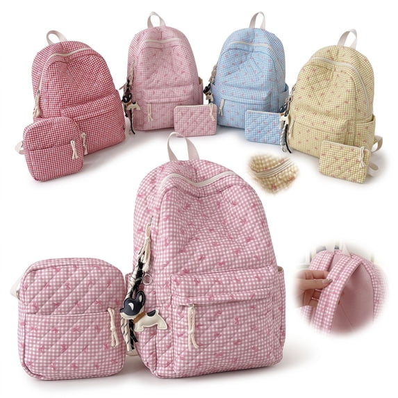 Quilted Gingham Floral 3 Piece Backpack Set, Lightweight Soft Plaid Laptop Daypack with Matching Crossbody Bag & Storage Pouch for Daily Commute Weekend Travel